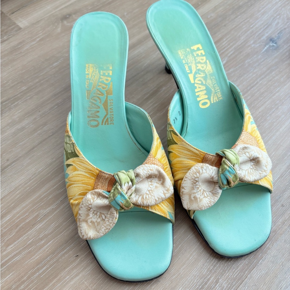 Salvatore Ferragamo Sunflower Mint Slide Sandals with Yellow Floral Knot